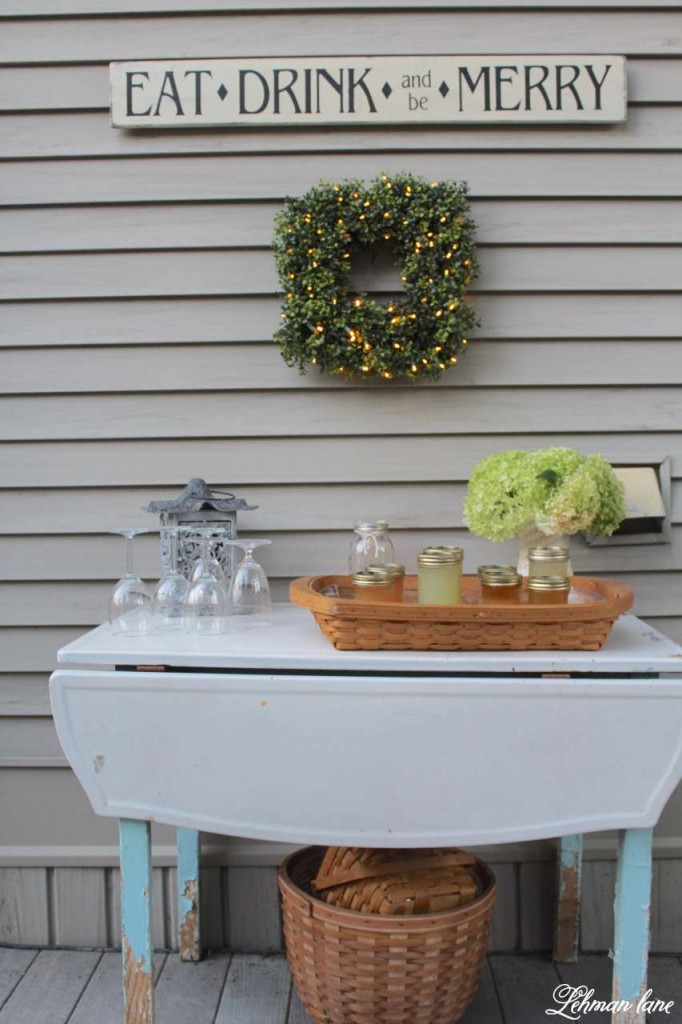 Summer Garden Party on the Deck with Balsam HIll - drink station- enamel top table - square boxwood wreath 