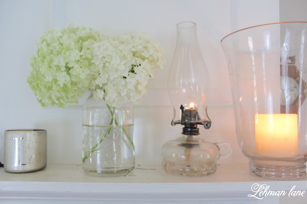 farmhouse summer tour fireplace mantel decor - oil lnatern,ball jar with hydrangea