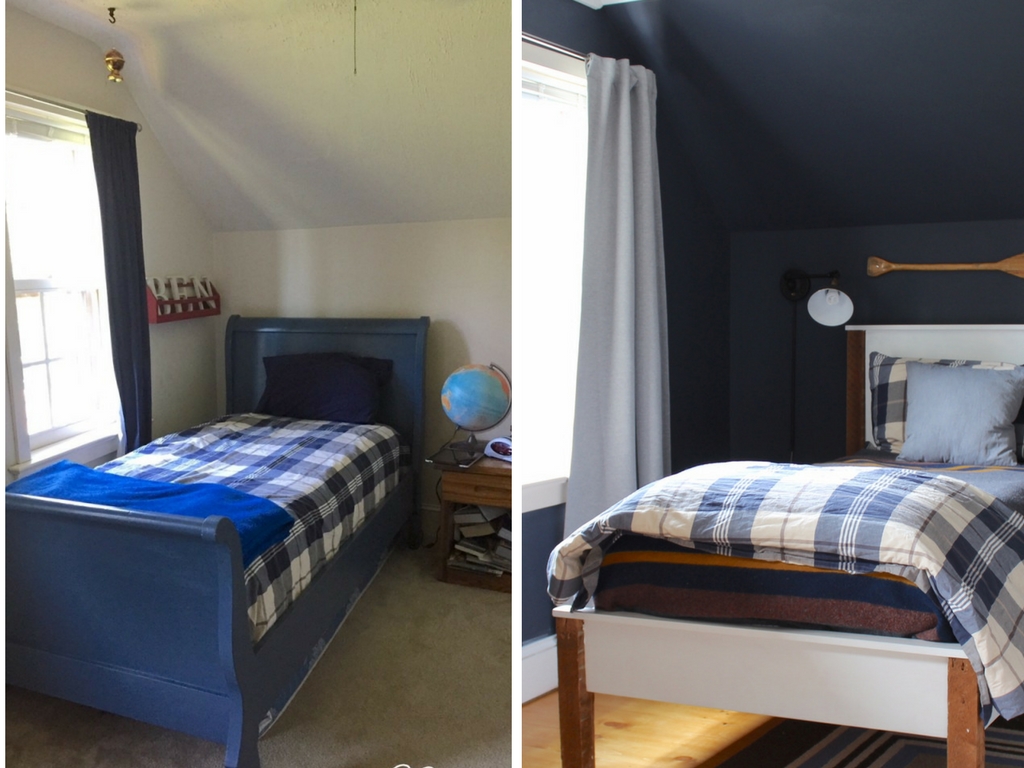Stop by to see all the progress we made for our farmhouse fixer upper! navy bedroom