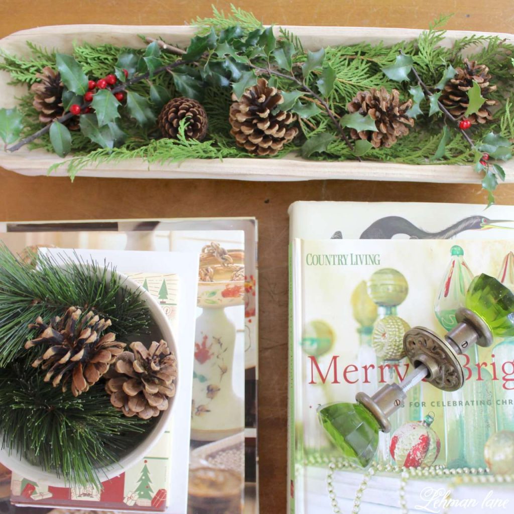 Christmas Living Room - Very Merry Christmas Tour - coffee table books and evergreens