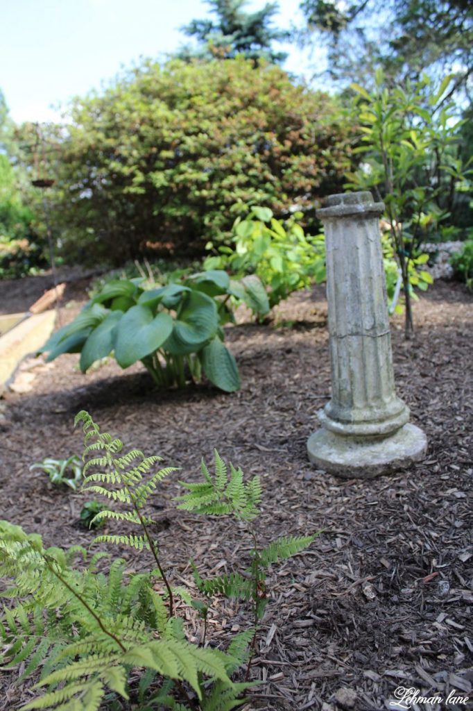 Our New Patio Garden - white garden with hostas, ferns, pedestal