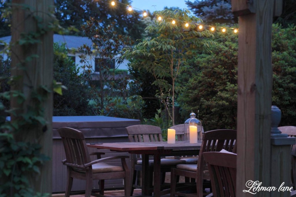 5 Inexpensive Ideas for Outdoor Patio Lights - Today I am sharing my 5 favorite inexpensive ideas for outdoor patio lights including how to hang outdoor string lights to light up your patio, deck or backyard at night. #outdoorlights #patiolights #stringlights http://lehmanlane.net