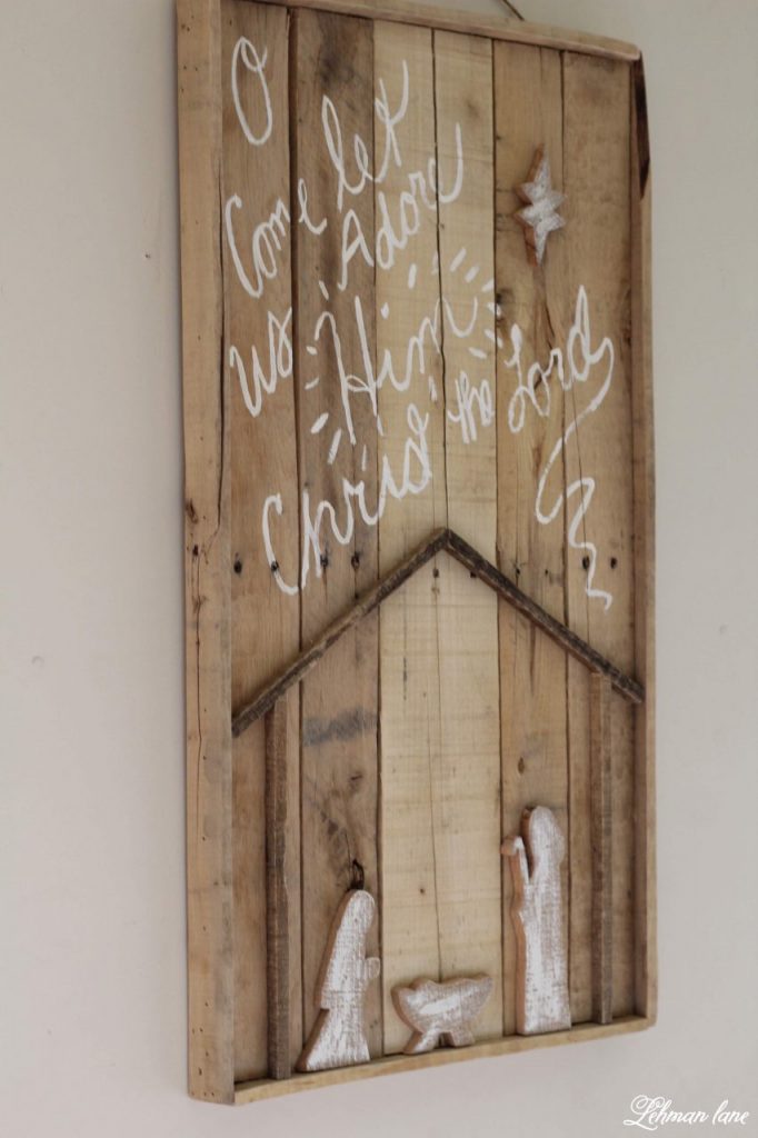 DIY Christmas Pallet Nativity Sign - I am sharing how we created our newest pallet project to decorate our farmhouse for Christmas.  We made it for FREE in less than 2 hours. #palletprojects #christmas #diy http://lehmanlane.net