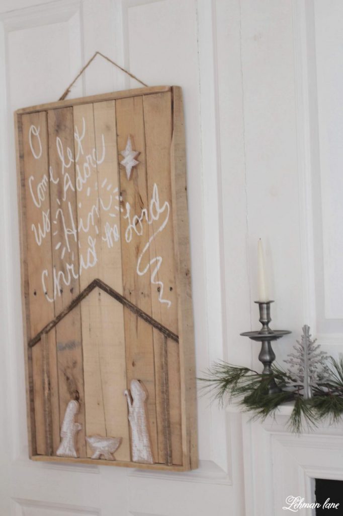 DIY Christmas Pallet Nativity Sign - I am sharing how we created our newest pallet project to decorate our farmhouse for Christmas.  We made it for FREE in less than 2 hours. #palletprojects #christmas #diy http://lehmanlane.net