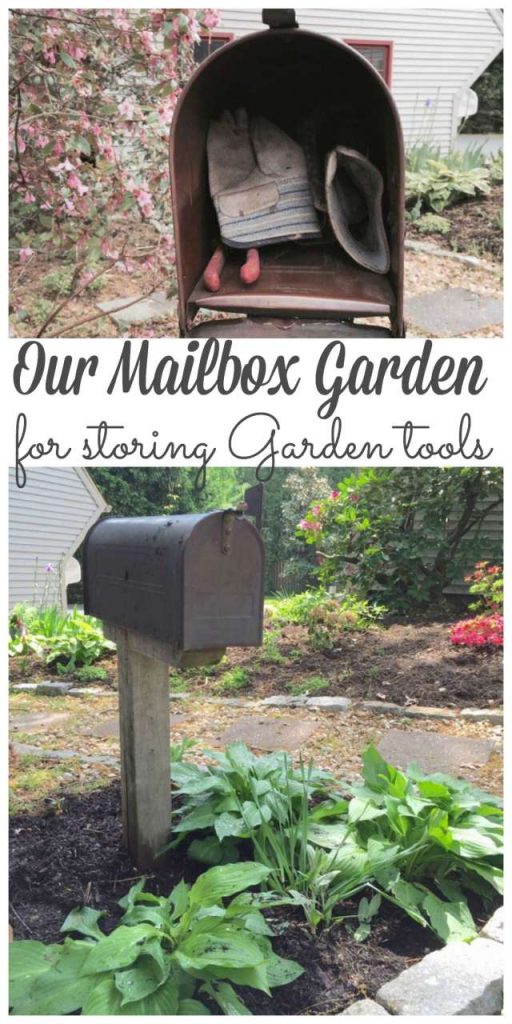 A mailbox garden is a great spot t keep your gardening tools close by without losing them in an cluttered garage or garden shed. And it looks pretty too! #mailboxgarden #mailbox #gardening #toolstorage http://lehmanlane.net