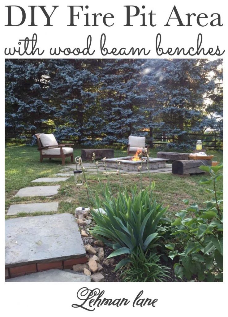 Sharing our EASY DIY fire pit area with wood beam benches on a budget for our backyard with pictures.  Our DIY fire pit bench is the perfect spot to have s'mores. #backyardfirepit #outdoorfirepit #patiofirepit https://lehmanlane.net