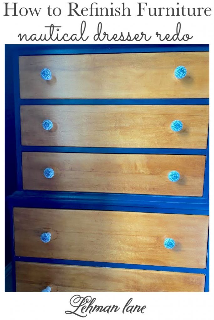 Sharing all the tips & tricks of how to refinish old furniture & transform a bedroom dresser into a classic DIY nautical dresser with some navy spray paint, knobs & gorgeous original wood with pictures. #nauticaldecor #painteddresser #diyprojects https://lehmanlane.net