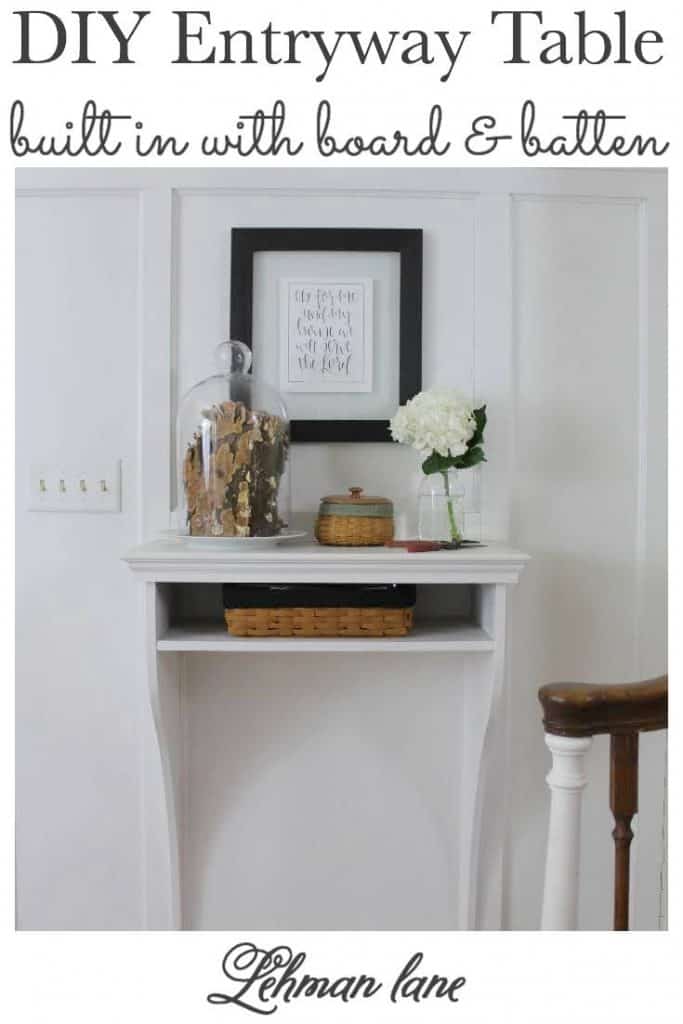 Sharing all the details of how to make a beautiful foyer & entryway built in table with a shelf & gorgeous white board & batten wall to save precious floor space & look AMAZING in a small front farmhouse entrance for less than $100! #diyprojects #entryway #entrytable #entryhall #smallentryway #farmhousedecor #foyerdecor