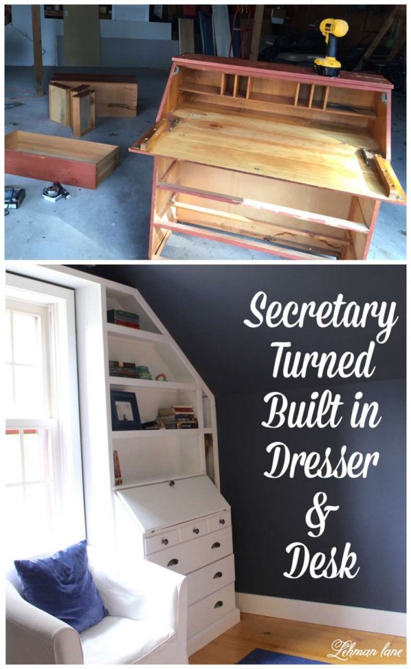 Awesome DIY Built in Dresser, Desk & Bookcase from a Secretary Desk