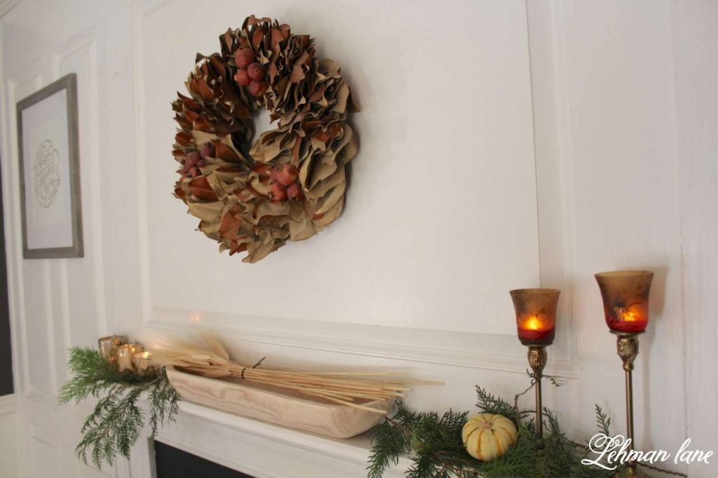 Quick and Simple Thanksgiving Table Setting = decorating in under 10 mins - create & share challenge - Lehman lane - fireplace mantel