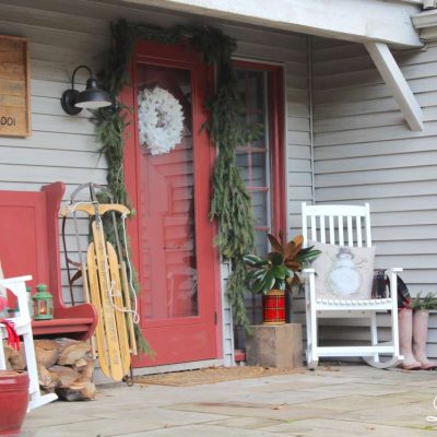 Christmas Front Porch - red bench, white rockers, farmhouse
