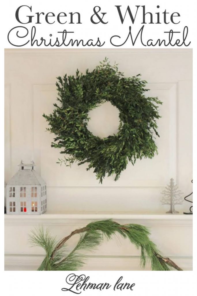 sharing all the details of my beautiful green and white Christmas mantel you can DIY in less than 30 minutes while blasting Christmas music with pictures. #christmas #farmhouse #fireplacemantel #christmashomedecor https://lehmanlane.net