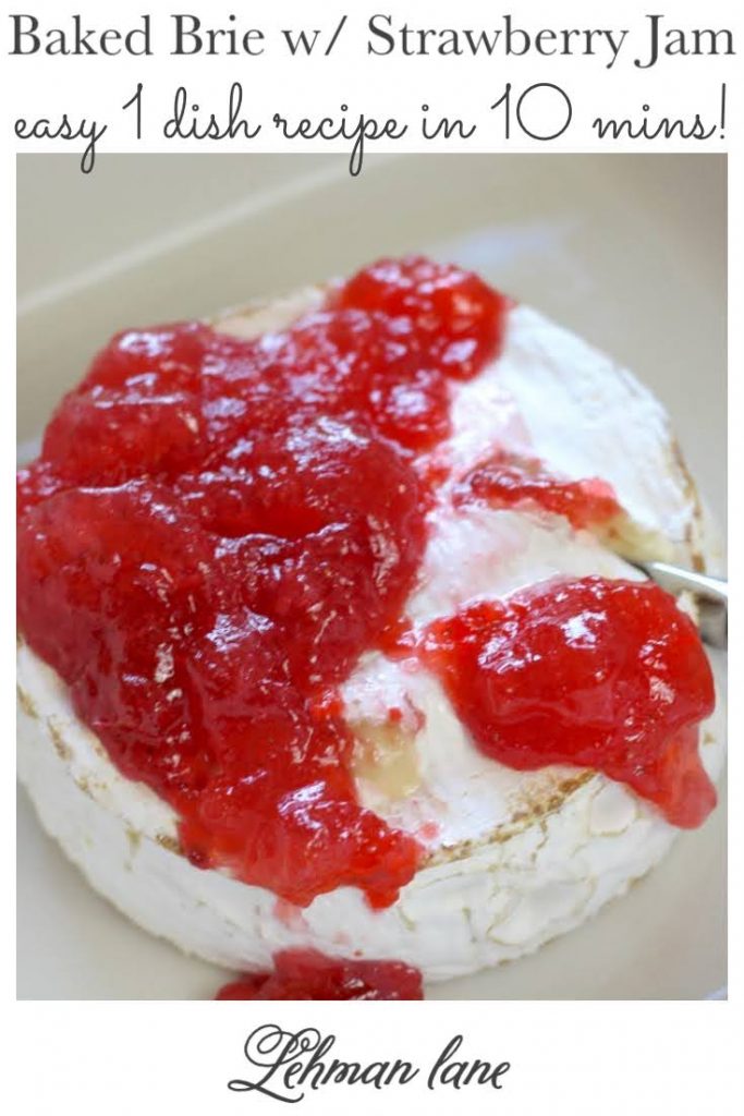 I am popping in to share the SIMPLEST & prettiest appetizer for the holidays or really any occasion!  Our family loves cheese & especially baked brie.  This quick & easy brie i dish recipe with strawberry jam can be made in just 10 minutes in a toaster oven without pastry dough. #easyrecipes #appetizerrecipes #bakedbrie https://lehmanlane.net