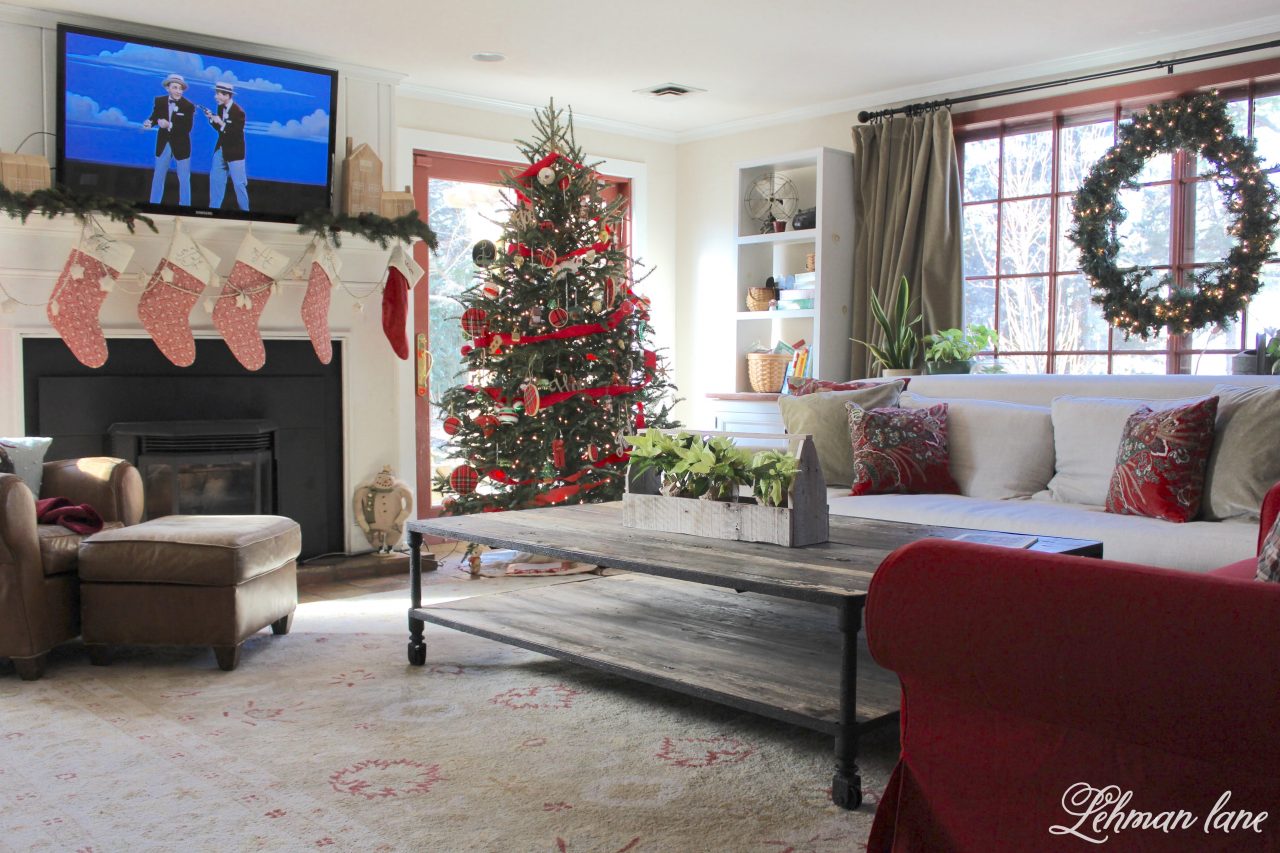 Happy Christmas Eve Eve Eve :).  Before all the Christmas wrapping, teddy bear bread making, and holiday punch drinking was over I wanted to share our family room Christmas tour and talk a little bit about all the Christmas tree craziness at our farmhouse this year. #christmas #farmhousechristmas http://lehmanlane.net