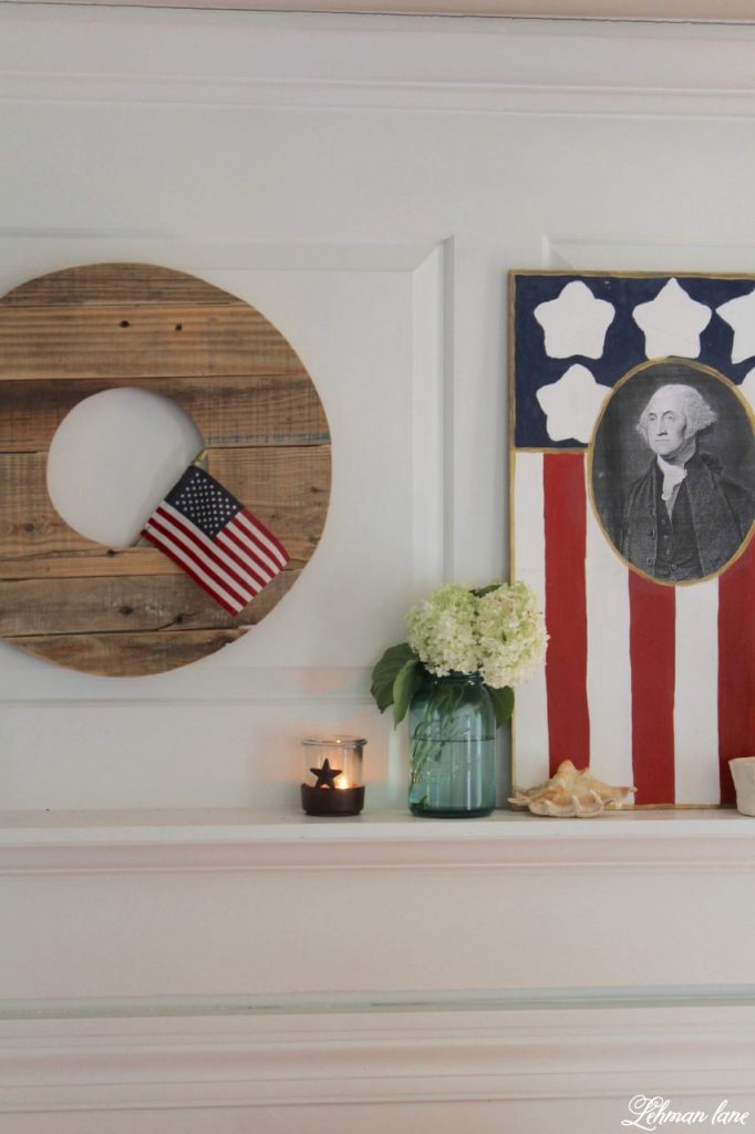 Farmhouse 4th of July Decorating is as simple as you make it. It calls for a collection of vintage & unexpected red, white & blue items from around your home, hydrangeas & of course old glory!   Sharing  ideas of how I decorate our farmhouse for free for the Independence Day! #4thofjuly http://lehmanlane.net