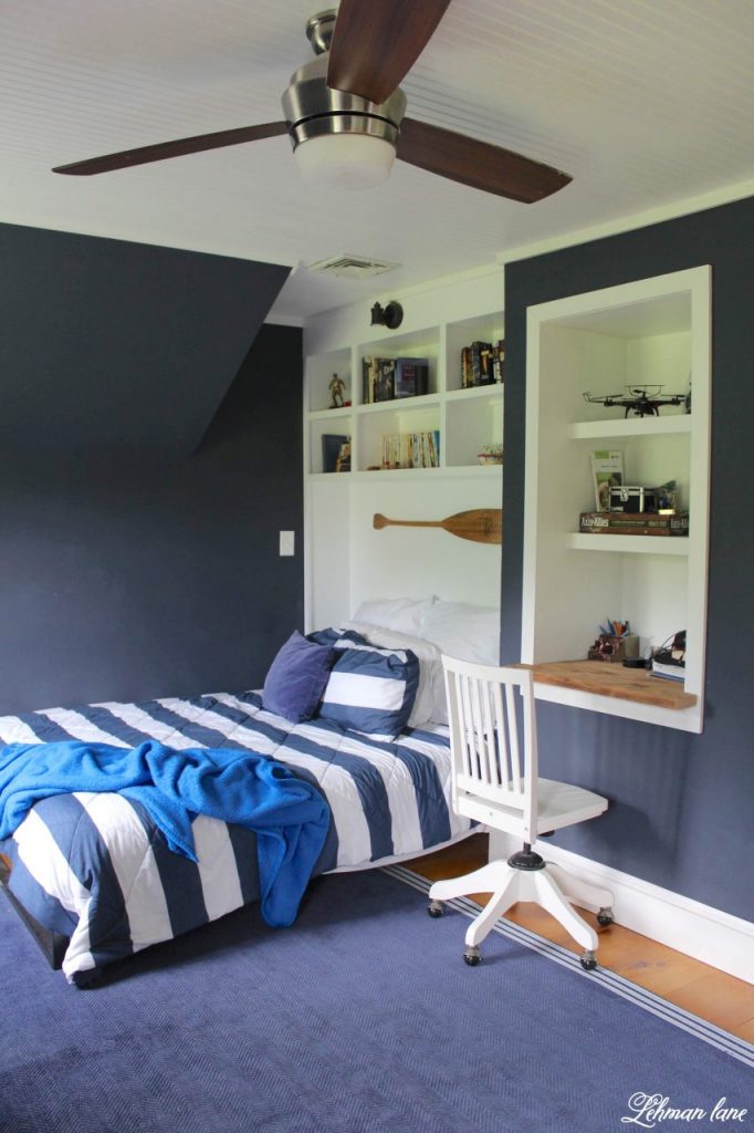Boys Bedroom Refresh - Bennett's blue bedroom got a makeover with a queen bed, new built in desk & black out curtains! It was a simple & inexpensive update that we were able to finish in just one weekend! #boysbedroom #farmhousestyle http://lehmanlane.net