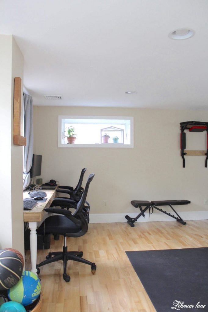 DIY Home Gym, Exercise Room & Office -We transformed our basement into a home gym/ exercise room & office. This is a simple & inexpensive DIY project for the basement of our farmhouse.#homegym #exerciseroom #diy https://lehmanlane.net