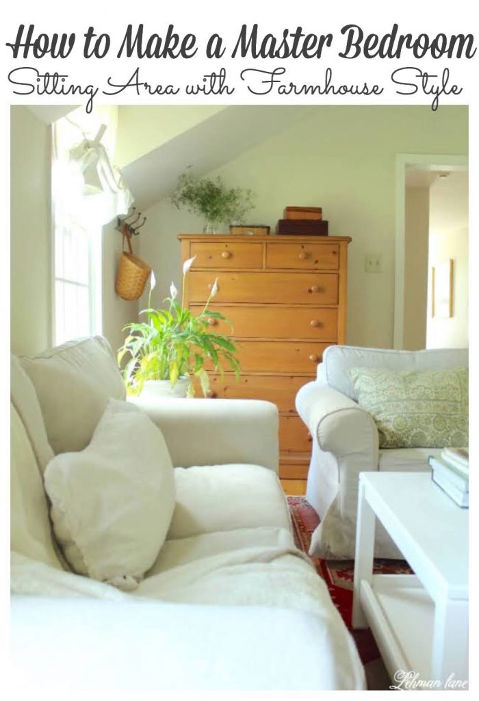 We have a cozy & quiet sitting area in our master bedroom. Sharing 6 ideas of how to create the best master bedroom sitting area in your home. #masterbedroomsittingarea #farmhousebedroom #farmhousedecor #bedroomideas https://lehmanlane.net