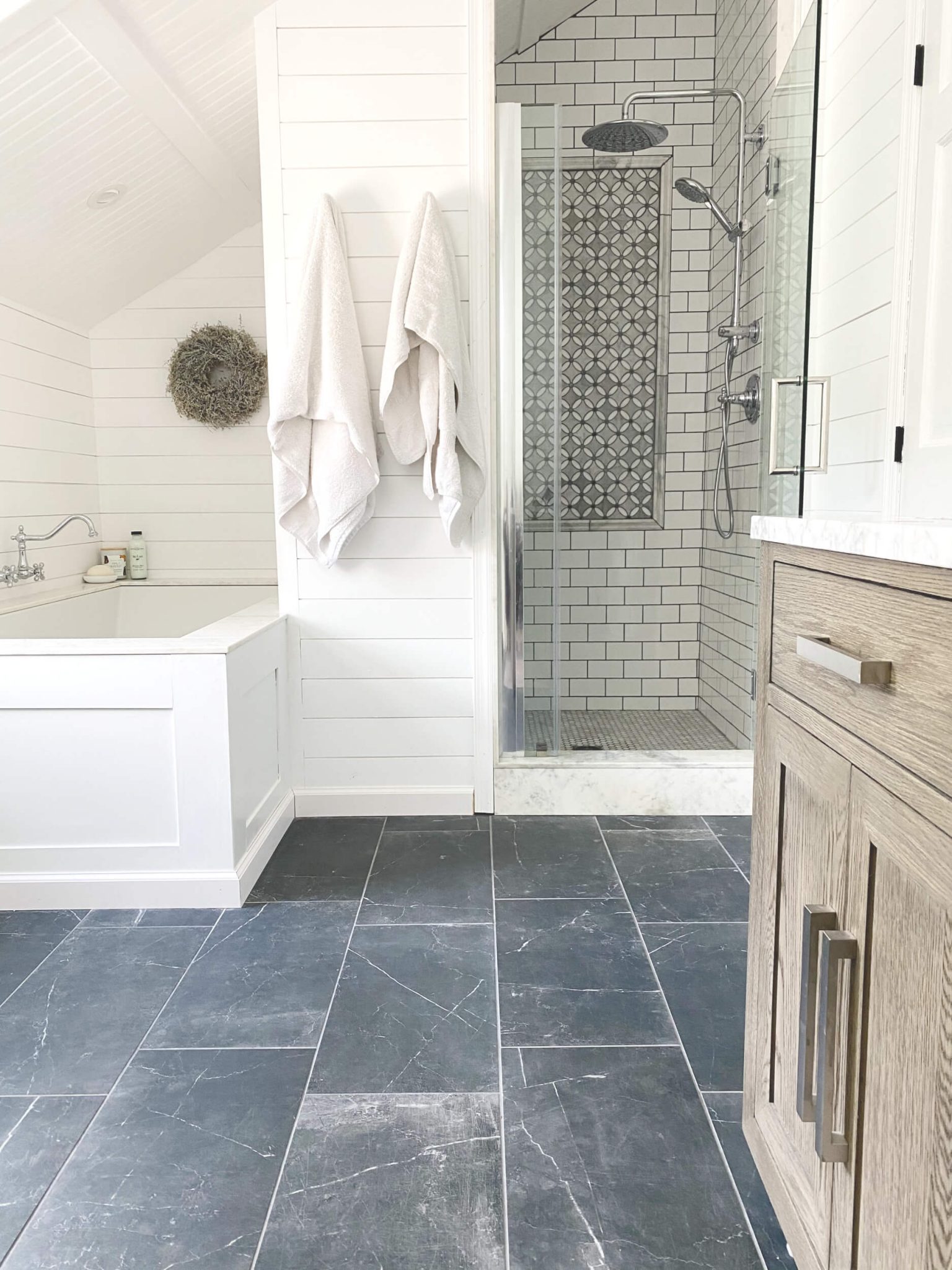 DIY Elegant Farmhouse Master Bathroom Shower Tile & Floor Ideas - Lehman Lane