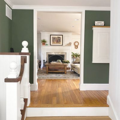 Sharing all the details of our gorgeous DIY entryway makeover on a budget with vertical shiplap, a new stairway & front door in our century old farmhouse with pictures. #entrywaymakeover #farmhouseentryway https://lehmanlane.net