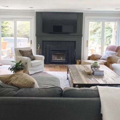 Sharing all of our tips & tricks of the awesome family room makeover we did in our farmhouse family room with new paint, a fireplace makeover, built in bookcases & new family room decor on a budget with before & after pictures! #familyroom #farmhousestyle #roomremodel https://lehmanlane.net